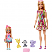 GTM82 Игровой набор Кукла Барби и Челси с питомцами жираф, слон и обезьянка