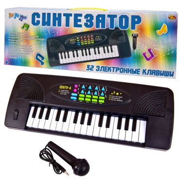 D-00063 Игрушка. Синтезатор черный 32 клавиши, с микрофоном, эл/мех 44,5x5,5x15,5