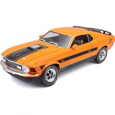 31453 Машинка die-cast 1970 Ford Mustang Mach 1, 1:18,  оранжевая с принтом, открывающиеся двери