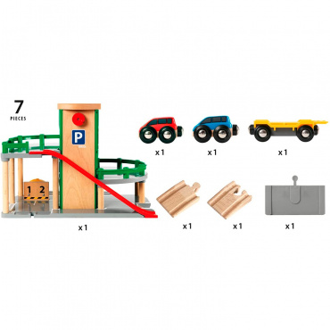 33204 BRIO Игровой набор Парковка к ж/д полотну с лифтом и 3 машинками,34х19х39см,кор.