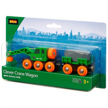 33698 BRIO Игрушка. Вагон-подъемный кран, 4 элемента, 15х3,4х5см