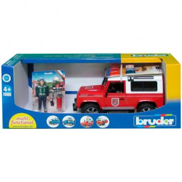 02596 Игрушка из пластмассы Bruder Внедорожник Land Rover Defender Station Wagon Пожарная(+мигалка)