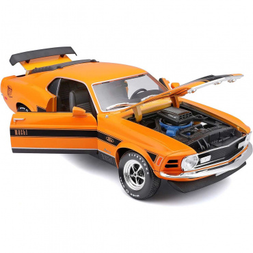 31453 Машинка die-cast 1970 Ford Mustang Mach 1, 1:18,  оранжевая с принтом, открывающиеся двери