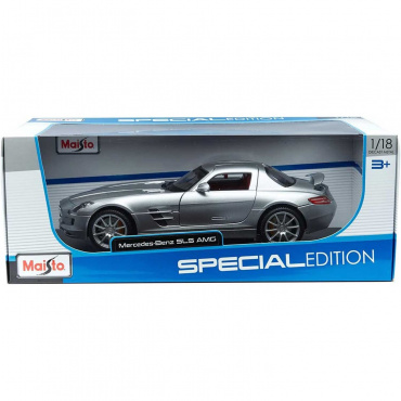 31389 Машинка die-cast Mercedes-Benz SLS AMG, 1:18, серебристая, открывающиеся двери