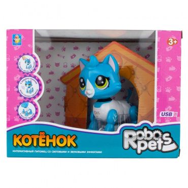 Т16804 1toy, интерактивная игрушка Робо-котёнок бело-голубой, свет,звук, движение, USB зарядка