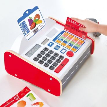 E3184_HP Детская игрушечная деревянная касса с набором наклеек, калькулятором, светом и звуком