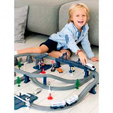 G211-018 Детская железная дорога "Мой город, 103 предмета", на батарейках со светом и звуком (синяя)