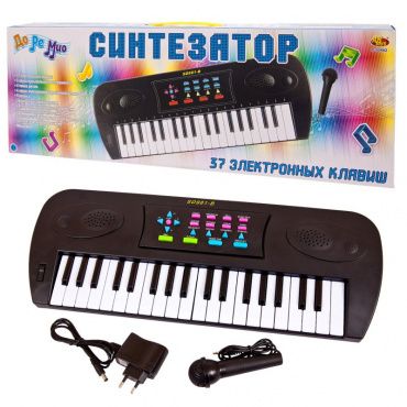 D-00062 Игрушка. Синтезатор черный 37 клавиш,с микрофоном, эл/мех 53x6x19,2