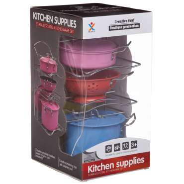 WK-14814 Посуда металлическая (разноцветная) с подставкой-держателем, в наборе 7 предметов, в кор.